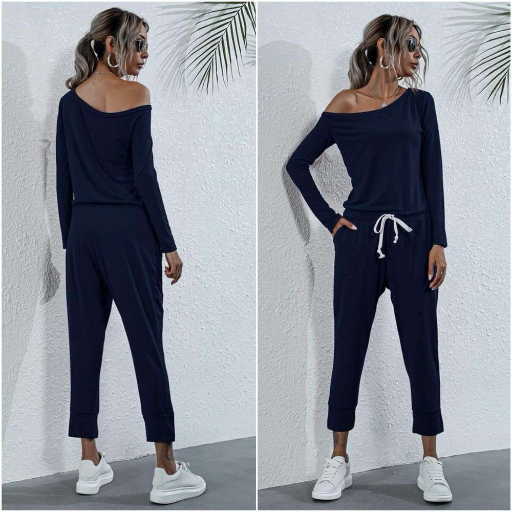Off Shoulder drawstring black Comfy Jumpsuit grey - Picture 6 of 7